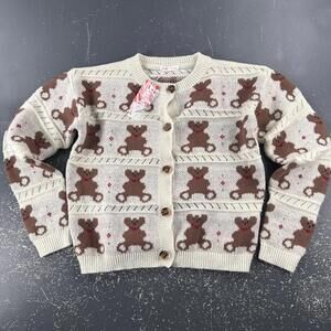 Romwe Sweater Womens Large White Teddy Bear AOP Knit Cardigan Secretary NWT